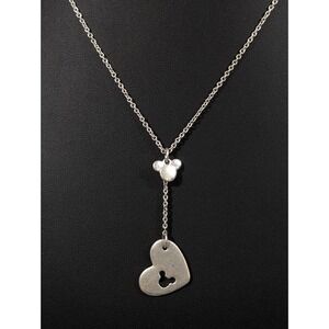 Silver Tone Mickey Mouse Ears Heart Faux Lariat Y-Drop Necklace 17 in
